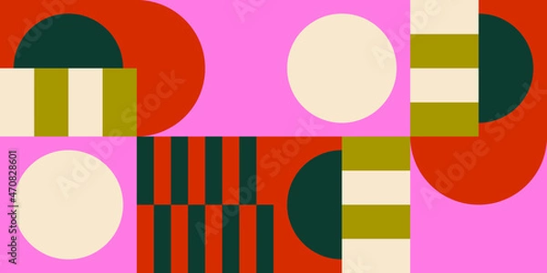 Obraz Modern vector abstract  geometric background with circles, rectangles and squares  in retro scandinavian style. Pastel colored simple shapes graphic pattern. Abstract mosaic artwork.