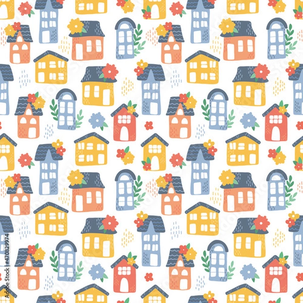 Fototapeta vector seamless pattern with houses and flowers.