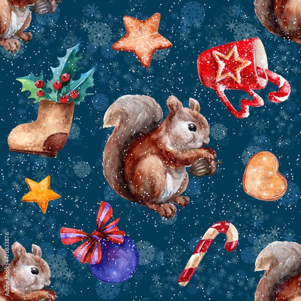 Fototapeta New Year, Christmas, seamless pattern with fruits, cookies, sweets, squirrel with an acorn, festive mug. High resolution watercolor.
