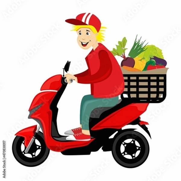 Obraz Vector illustration delivery man vegetables scooter