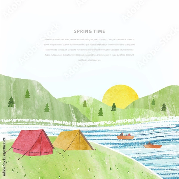 Fototapeta Watercolor travel vector template with tents, fishermen, river, sunrise and mountains.Template frame for invitation, poster, flyer, banner, card. Place for message