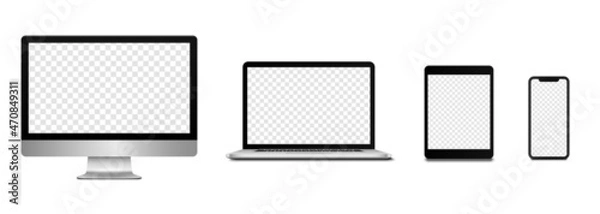 Fototapeta Device screen set - laptop smartphone tablet computer monitor. Realistic models smartphone with transparent screens. Smartphone mockup collection. 3D mobile phone with shadow on transparent background