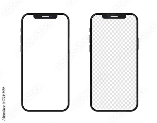 Fototapeta Device screen - Phone, mobile. Realistic models smartphone with transparent screens. Smartphone mockup collection. 3D mobile phone with shadow on transparent background