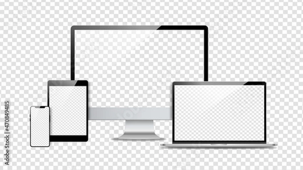 Fototapeta Device screen set - laptop smartphone tablet computer monitor. Realistic models smartphone with transparent screens. Smartphone mockup collection. 3D mobile phone with shadow on transparent background