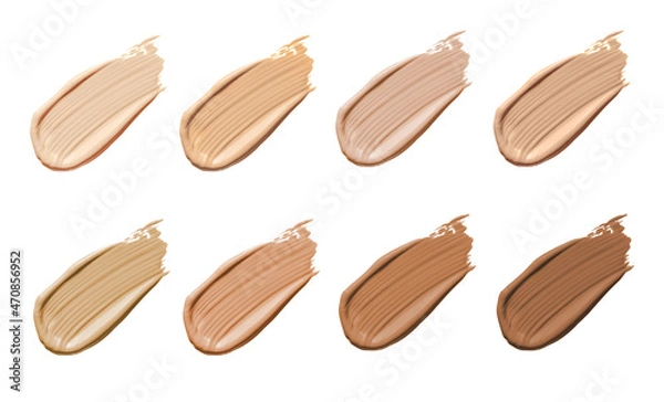 Fototapeta Foundation face make-up samples. Set of cosmetic liquid foundation or bb-cream in different colour smudge smear strokes. Make up smears nude lipstick isolated on white background. Liquid swatches set
