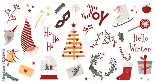 Fototapeta Christmas elements and stickers set with santa, christmas tree, wreath, skates and bell in flat modern style. Vector stock illustration