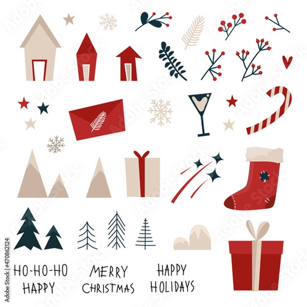 Fototapeta Christmas and New Year collection of cute elements in scandinavian style. Vector stock illustration