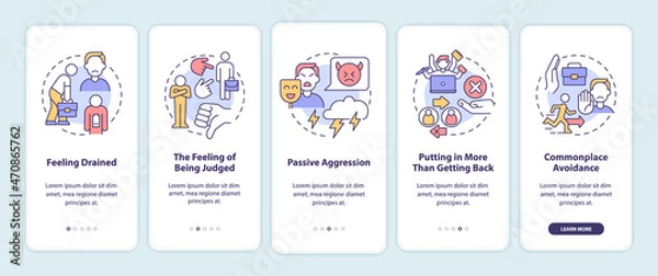 Fototapeta Toxic relationships at work onboarding mobile app page screen. Passive aggression walkthrough 5 steps graphic instructions with concepts. UI, UX, GUI vector template with linear color illustrations
