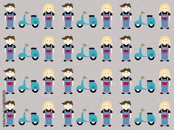 Fototapeta boy and girl cartoon characters standing with motorcycles seamless pattern on gray background