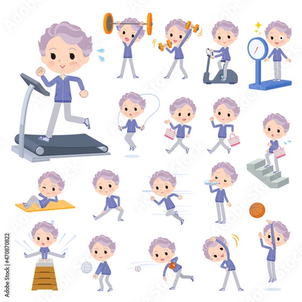 Fototapeta エクササイズやスポーツに関する青ジャージ高齢女性のセット