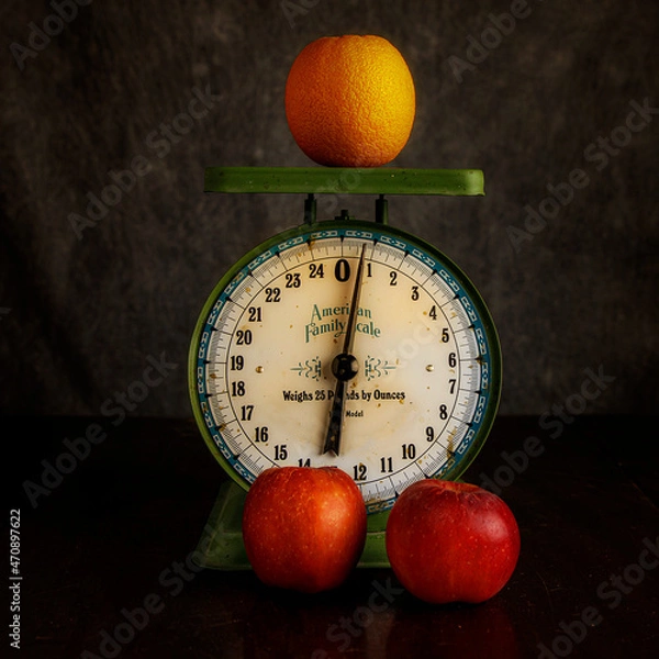 Fototapeta Studio Still Life of Apples and Oranges on an Antique scale