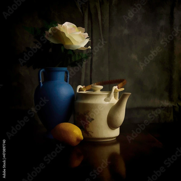 Fototapeta Still Life Image of a Teapot, Blue Vase, Yellow Rose and Lemon on Grey Background formatted in Square