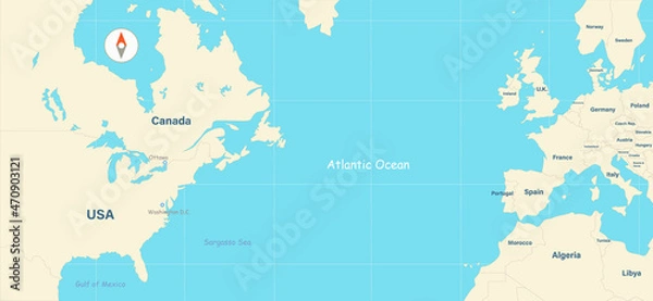 Fototapeta White detailed  world map complete with countries names on blue  background.  Simple design.