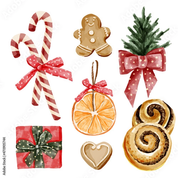 Obraz Festive Christmas set watercolor illustration with christmas elements