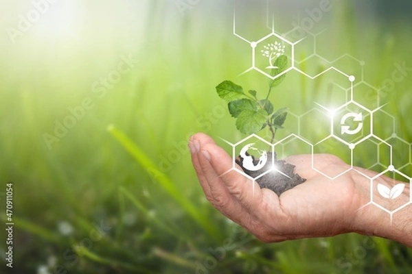 Fototapeta Icon concept circulating in hands for environment, society and governance. Networked connections on green background.