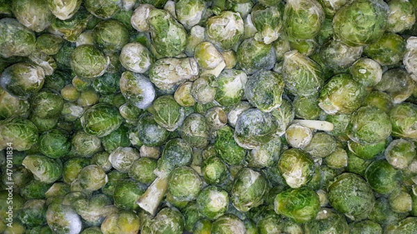 Obraz Close-Up Shot Of Frozen Brussels Sprouts. Texture Of Frozen Brussels Sprouts
