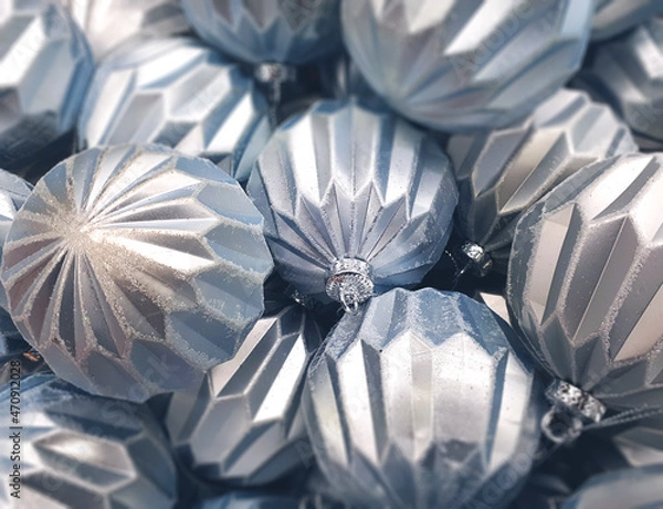 Obraz 
Silver Christmas Baubles. Heap of Silver Christmas Balls, Close Up. Traditional Xmas and Happy New Year Symbol