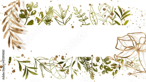Fototapeta Watercolor green plants with leaves and golden grasses. Background with floral elements, botanical watercolor illustration with gold splashes.Design background.