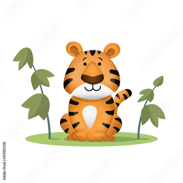 Obraz Cute cartoon tiger sitting. Vector illustration isolated on white background