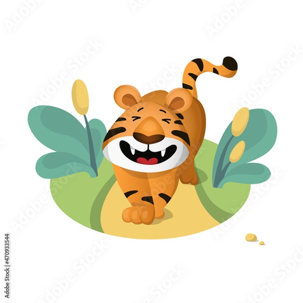 Obraz A cute cartoon tiger walks along the path and growls. Vector illustration isolated on white background.