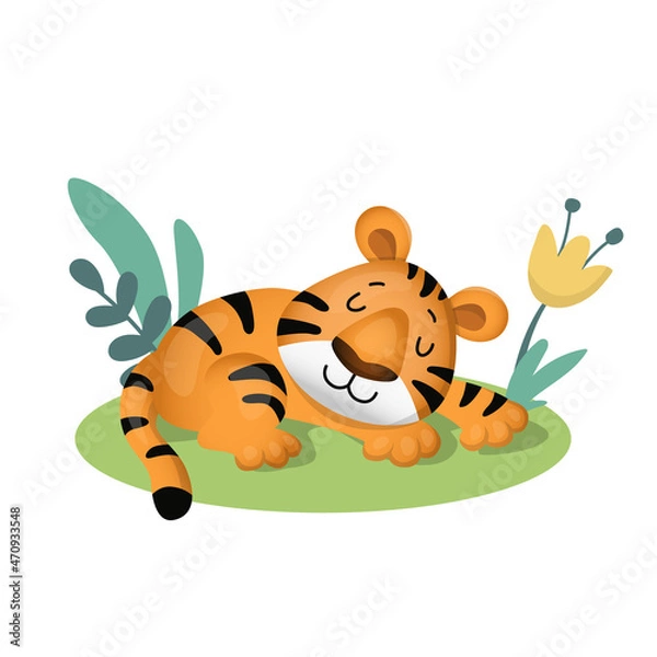 Obraz A cute cartoon tiger sleeps in a meadow with flowers. Vector illustration isolated on white background