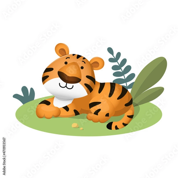 Obraz A cute cartoon tiger lies in a meadow with flowers.  Vector illustration isolated on white background