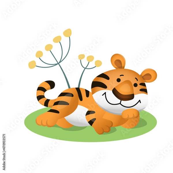 Obraz Cute cartoon tiger lies with its head on its paw. Vector illustration isolated on white background