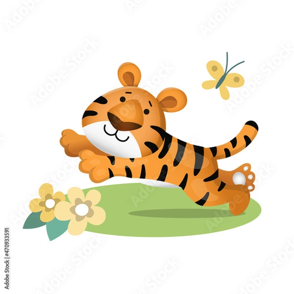 Obraz Cute cartoon tiger running after butterfly and jumping. Vector illustration isolated on white background