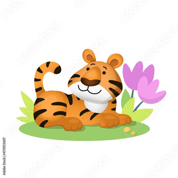 Obraz A cute cartoon tiger is resting in a meadow with tulips. Vector illustration isolated on white background