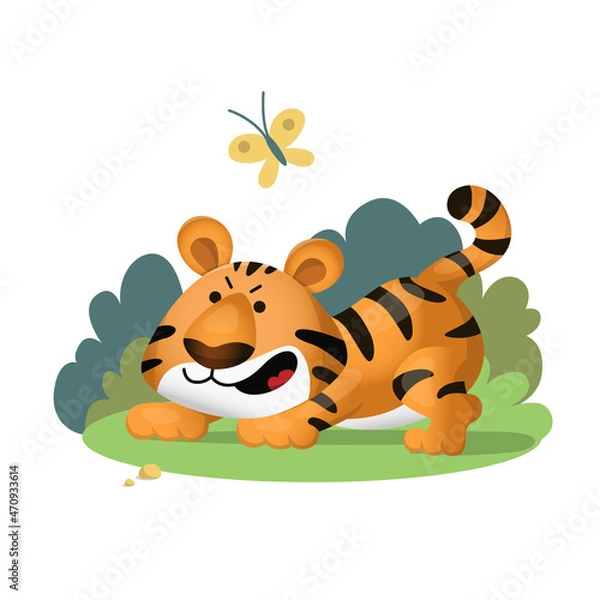 Obraz The cute cartoon tiger roars angry and pretends to be a scary beast. Vector illustration isolated on white background