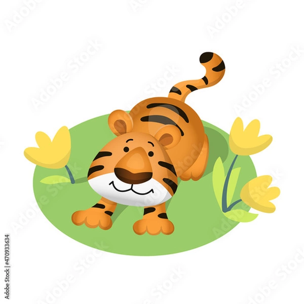 Obraz Cute cartoon tiger sitting in the meadow. Vector illustration isolated on white background