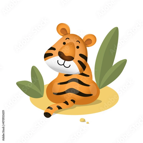Obraz Cute cartoon tiger sitting half-turn. Vector illustration isolated on white background