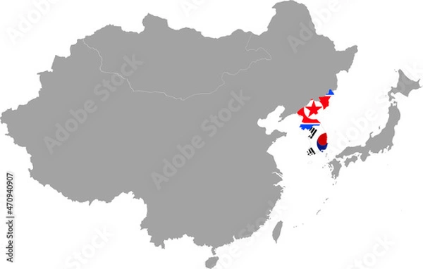 Obraz Map of Korean peninsula countries with national flag inside the gray map of East region of Asia