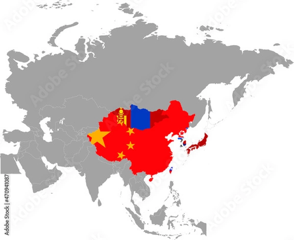 Fototapeta Map of countries of East region of Asia with national flag inside gray map of Asia