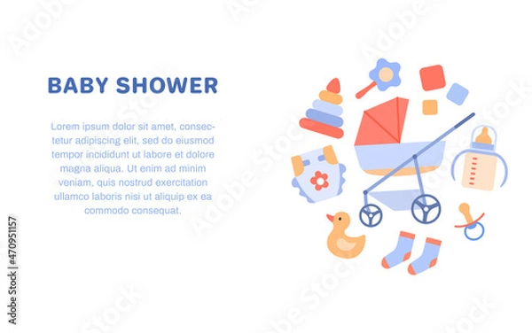 Fototapeta Baby store flat banner template. Circle advertising web element design with text space. Kids accessories stroller rattle toy diaper. Baby shower gifts. Children products background vector illustration
