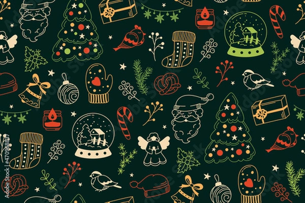 Fototapeta Christmas doodle seamless pattern. New year wrapper santa claus, garland, bell, candle, tree gift box and pretzel, lollipop. Xmas boundless holiday celebrate. Scrapbook noel endless dark textile