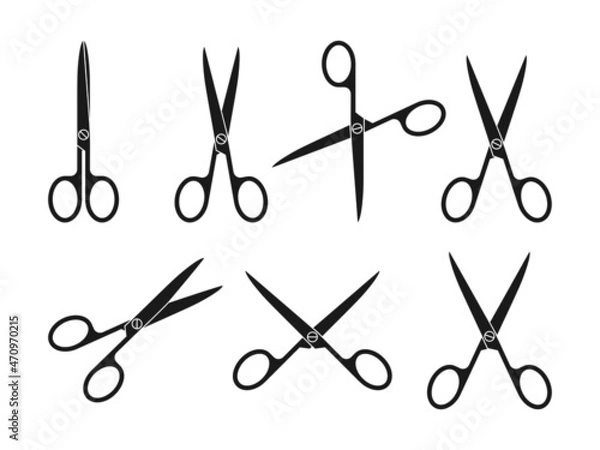 Obraz Scissor black glyph icon set. Silhouette Needlework shear or school. Different template open scissors or closed. Stationary for office. Simple cutting tools. Isolated on white vector illustration