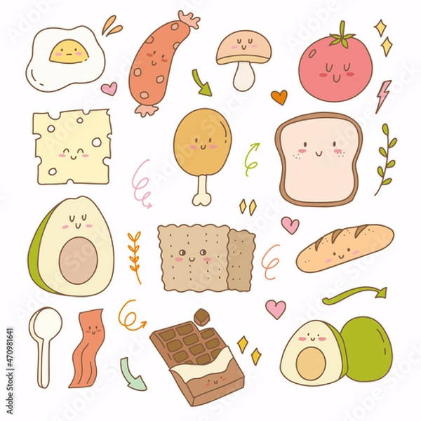 Fototapeta Sticker flat design of bread cheese avocado and egg. Breakfast Hand drawn doodle icon planner collection set.