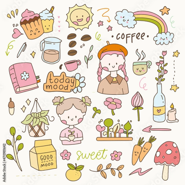 Obraz Cute hygge Sticker bunny and little girl aesthetic flat vector. Hand drawn icon planner collection set.