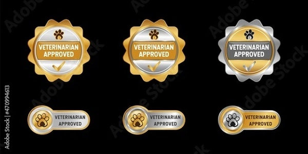 Fototapeta Veterinarian Approved Label, Stamp, Badge, or Logo. With paw and check symbol. On platinum, gold, and silver colors. Premium and luxury emblem vector