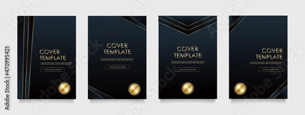 Obraz 黒のグラデーションに金色の線とラベルのベクターカバーデザインセット（イラスト）。ビジネスのパンフレット、カード、ポスターなどの背景として。
