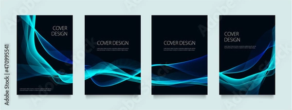 Obraz 黒の背景に青いウェーブラインのベクターカバーデザインセット（イラスト）。ビジネスのパンフレット、カード、ポスターなどの背景として。
