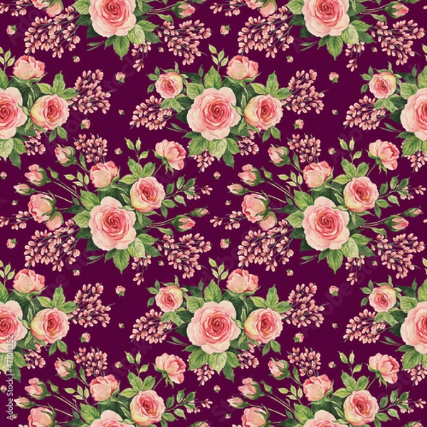 Fototapeta Abstract beautiful seamless print of painted flowers bouquets of roses and herbs. Beautiful print for decoration of textiles and design. Flower background. Art drawing for surface. Tenderness decor.
