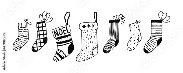Obraz Doodle Christmas stocking set. Vector hand drawn socks.