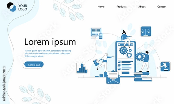 Obraz Legal advice banner. Online assistance of lawyer for regulation legal issues for compliance to rules. Vector landing page of advocate services with illustration of scales and phone call.