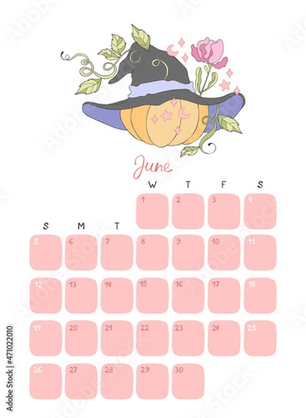 Fototapeta Witch hat. Calendar 2022. Month - June. Isolated vector objects on a white background.