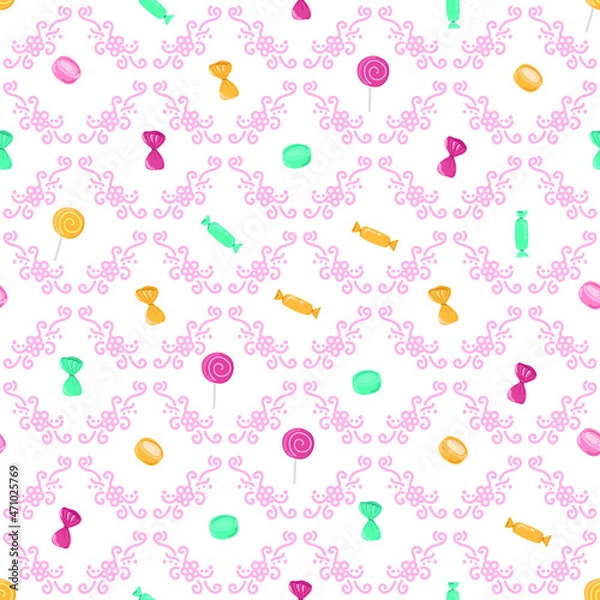 Fototapeta seamless patterns vector cakes and candies. Bright pattern of sweets for packaging paper and fabrics. Vector ornament for decoration of the holidays.