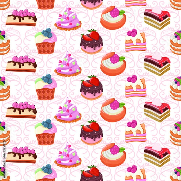 Fototapeta seamless patterns vector cakes and candies. Bright pattern of sweets for packaging paper and fabrics. Vector ornament for decoration of the holidays.