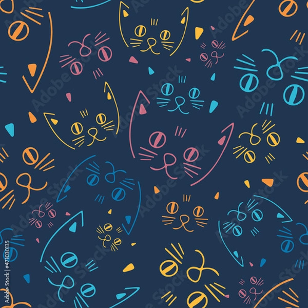 Obraz Seamless colorful vector pattern design of lined ornamental cartoon abstract cats snouts