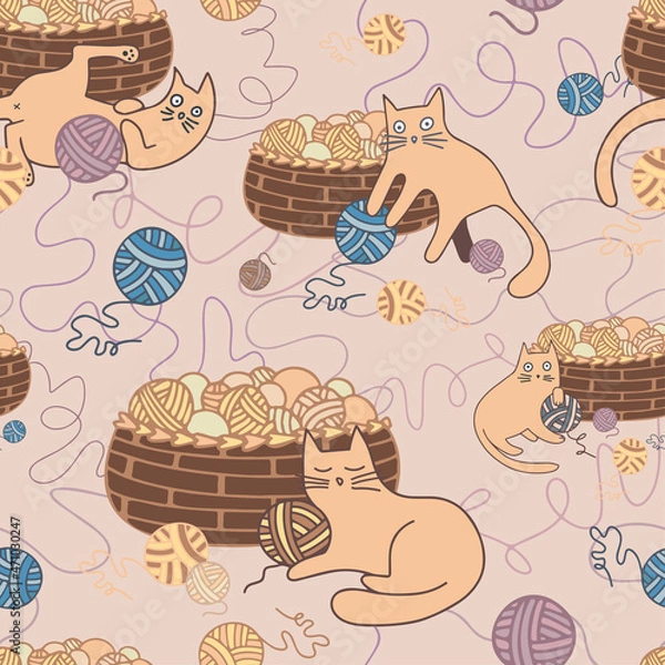 Obraz Seamless vector pattern illustration card of cartoon cat playing with ball of threads and a basket in pastel tones